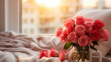 Fototapeta premium Häusliche Romantik: Rosenstrauß im Morgenlicht