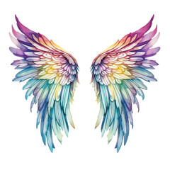 Fototapeta na wymiar Angel wings clipart watercolor illustration with transparent background png colorful rainbow multicolored feathers