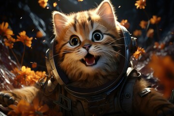 Cat astronaut wear space suit in bokeh cosmic galaxy background.