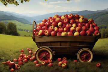 a small wooden push-wagon full of ripe apples standing on a meadow in a mountainous region in front...