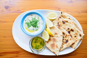 naan with dips: hummus, baba ganoush, and tzatziki