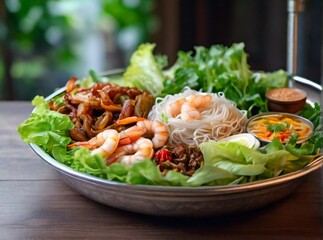 Miang Thai Food Style a plate with shrimp, vegetables and glass noodle