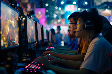 Obraz premium Spielerparadies: Gaming-Enthusiasten auf einer dynamischen Messe-Expo