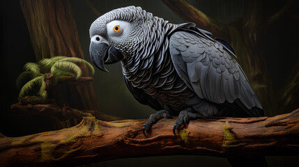 Obraz premium African Grey clings to a tree in the fore in jungle