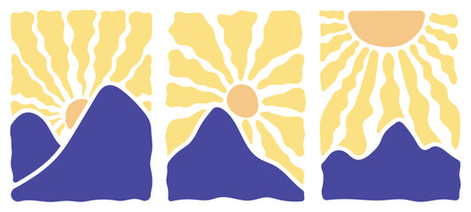Groovy retro abstract sun and mountain backgrounds. doodle shapes in trendy naive hippie 60s 70s style. Square wavy vector illustration in yellow colors.