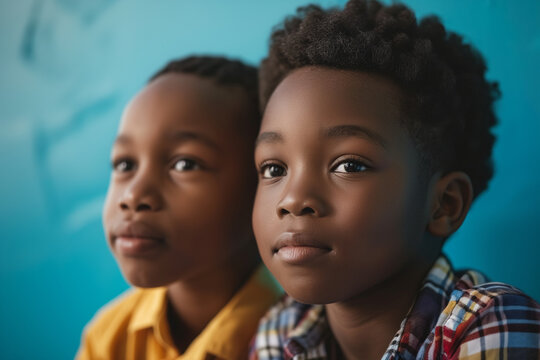 Two young African American children outside. Handsome l twin brothers standing in an blue wall. African elementary school boys outdoors. - Powered by Adobe