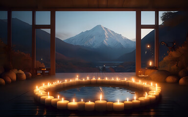 Serene Candlelit Spa with Mountain View at Twilight with Generative AI