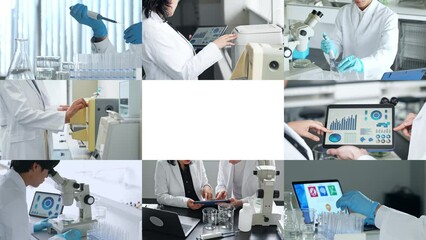 Collage movie of various scientific scenes. Wipe transition from white background.