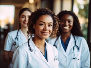 Group of woman doctor portrait shot smiling cheerful confident standing on bokeh background. Copy space banner for medical and beauty industry.