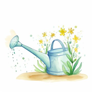 Aquarell Gießkanne wässert Frühlingsblumen Illustration
