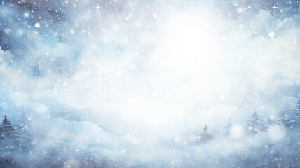 Fototapeta premium winter postcard blank form watercolor drawing, landscape in blue tones, covered with snow, snowfall in light blue tones abstract blurred background