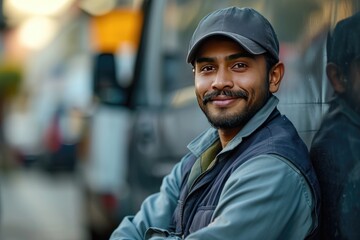 The uniformed delivery van driver is an Indian guy. Generative Ai. - obrazy, fototapety, plakaty
