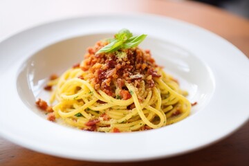 close-up of spaghetti carbonara with crispy bacon bits