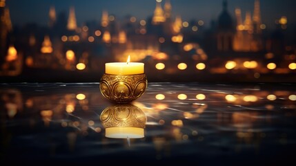 Fototapeta na wymiar Arabic burning candle in light bokeh city background. Ramadan Kareem concept background