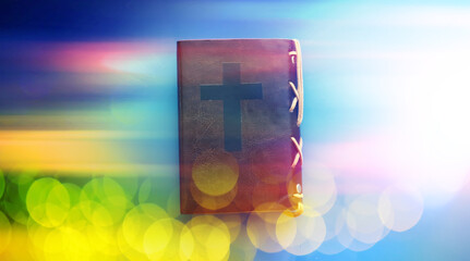 Abstract background religious concept. Book with the symbol of the cross. Bible study.