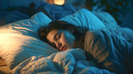 Beauty young woman sleeping in bed at home - obrazy, fototapety, plakaty