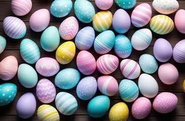 Fototapeta na wymiar Lots of Easter eggs in pastel colors. The concept of holiday traditions 