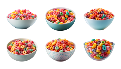 Collection bowl of colorful fruit cereals isolated on a transparent background