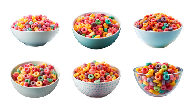 Collection bowl of colorful fruit cereals isolated on a transparent background
