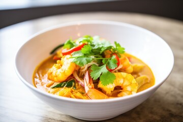 close-up of prawn curry garnished with coriander leaves