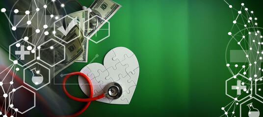A stethoscope on money and a puzzle heart. Health insurance. Healthcare and medicine. How much is...