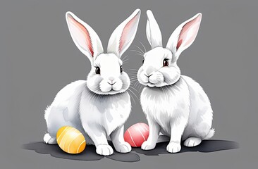 Two painted white bunnies with Easter eggs. Idea for a children's book
