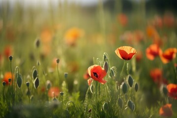 Obraz premium Field of Scarlet: A Stunning Image Featuring a Red Poppy in the Meadow, Nature's Vibrant Expression of Beauty and Tranquility. 