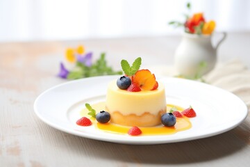 vanilla pudding with berries on white plate