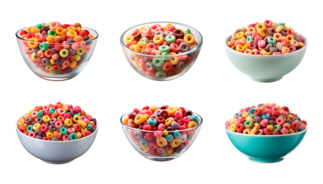 Collection bowl of colorful fruit cereals isolated on a transparent background