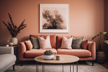 Minamilist living room decorated in peach tone
