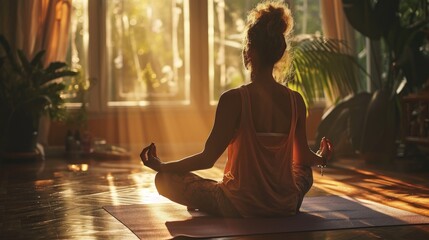 Beautiful cute sporty woman doing exercise in bright room. Female sitting on the floor practicing yoga. Home mood, lifestyle 
