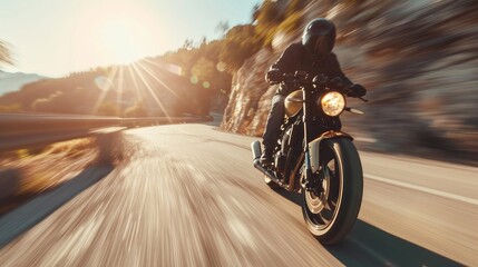 Biker in action or movement on mountain highway, riding around a road