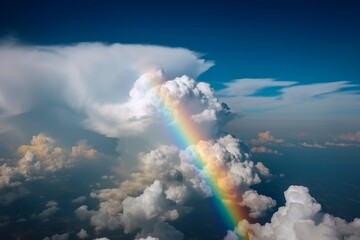 Heavenly Canvas: A Breathtaking Capture of a Blue Sky Adorned with Fluffy Clouds and a Rainbow, Nature's Majestic Artistry. 