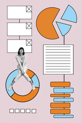 Creative collage picture illustration monochrome effect excited cheerful positive young lady clap miniature interface beige background