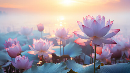 lotus flowers in nature, delicate pastel morning background pink and blue shades of tenderness and beauty of nature. fictional graphics - obrazy, fototapety, plakaty