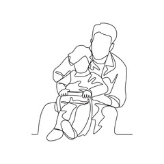 Fototapeta premium One continuous line drawing of a child is playing and learning with his father in their house vector illustration. Child and Dad study activity illustration in simple linear style vector concept.