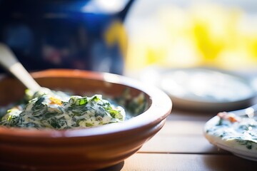 close-up of spinach raita with a dab of butter