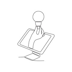 One continuous line drawing of business idea design concept. Cause of device is happen idea with lamp symbol illustration in simple linear style. Business design concept vector illustration for asset.