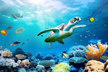 Majestätische Meeresschildkröte in einer bunten Unterwasserlandschaft mit Korallen