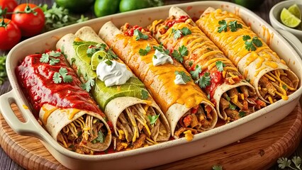 A dish filled with four enchiladas, each with a different topping: red, green, and yellow sauce, and cheese. The dish is set on a wooden board with ingredients such as lime, cilantro, and diced tomato - obrazy, fototapety, plakaty