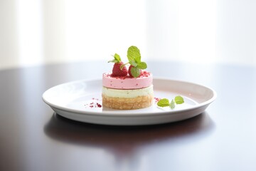 whole raspberry cheesecake with mint garnish on white plate