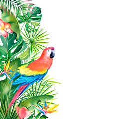 Watercolor border, frame of tropical leaves, strelitzia, plumeria and red macaw. Hand-painted tropical plants and birds. Clipart, a template for a postcard.