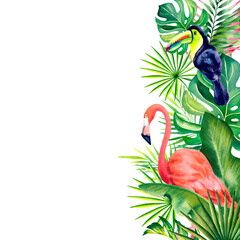 Watercolor border, a frame of tropical leaves, strelitzia flowers, plumeria, flamingos and rainbow toucan birds. Hand-painted tropical plants and birds. Clipart, template for a postcard. © Marina