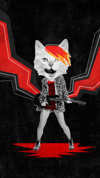 Poster. Contemporary Art Collage. Poster. Contemporary Art Collage. Crazy Rock Star, Cat-headed Man Playing Electric Guitar Modern Energetic Rock And Roll Music. Concept Of Rock-n-roll Day, Concert