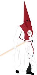 Cofrade with his habit, tunic and white glove and red hood, carrying a candle in his hand on white background.