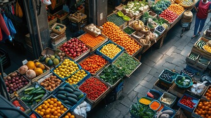 Top-Down View of a Tech-Enabled Urban Farmers Market, a tapestry of colors and activity in the morning glow