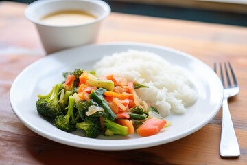 plate of steamed vegetable medley with rice on the side