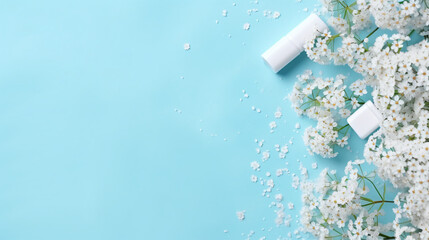 Different lip balms and gypsophila on light blue bacground