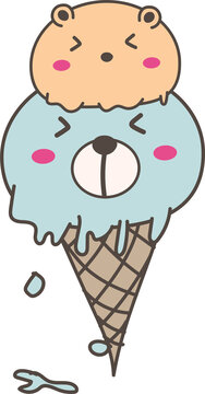 Hand drawn cute animal ice cream illustration on transparent background.