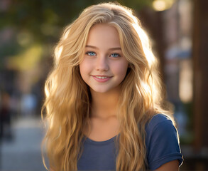 Obraz premium Capturing Radiance: Photorealistic Full-Body Portrait of a 18-Year-Old Young Woman, Bathed in Golden-Hour Sunlight, with Long Blonde Hair and Striking Blue Eyes